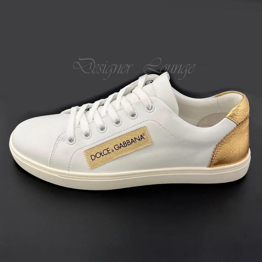 NEW DOLCE & GABBANA Gold Logo White Leather Portofino Sneakers EU 41 / US 10.5
